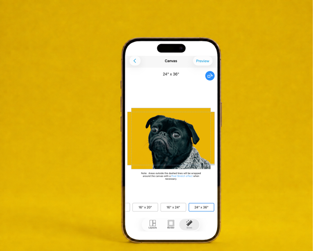 The SimplePrints app on a phone, showing a canvas print preview of a black pug on a yellow background