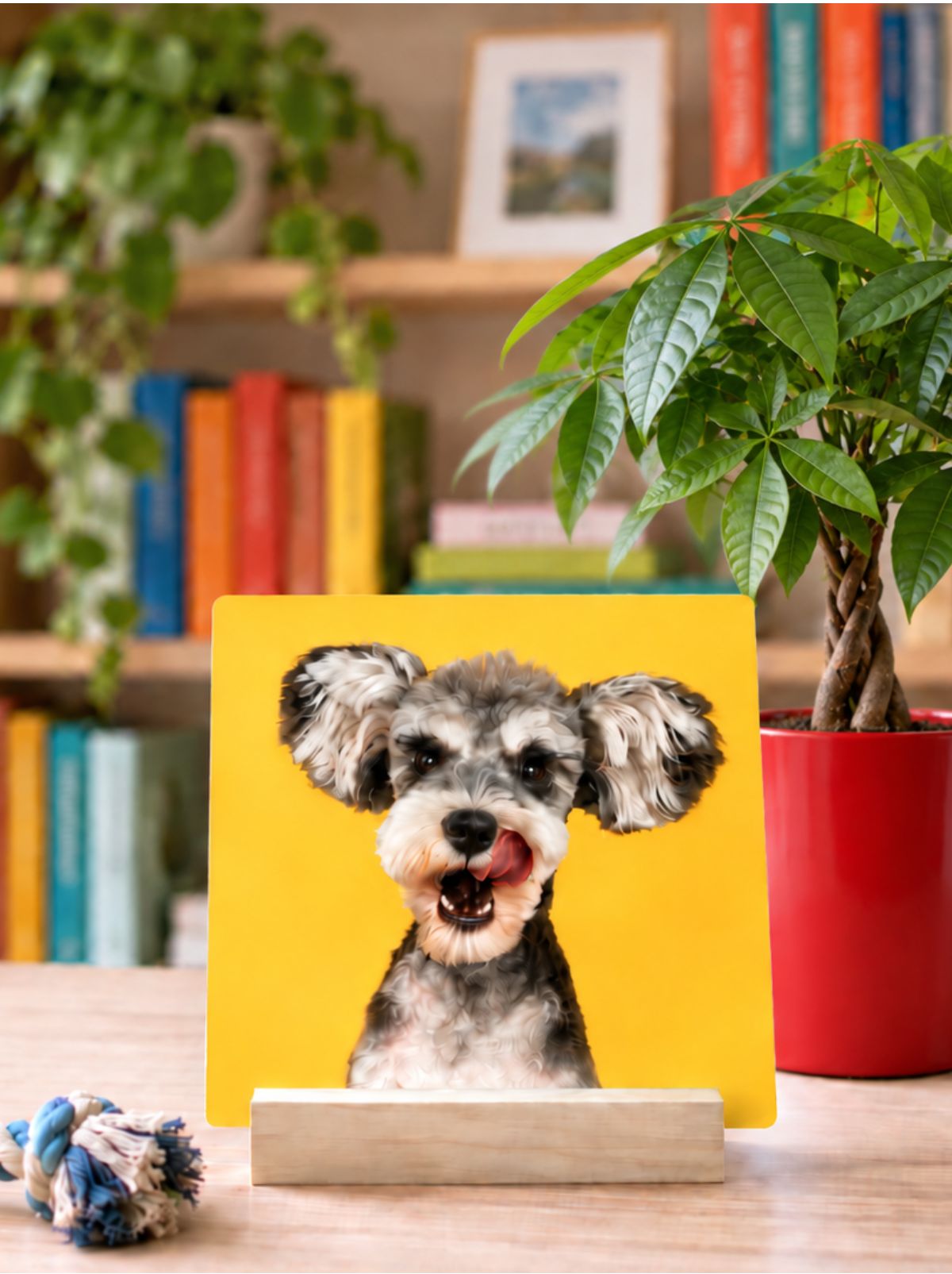 A metal desk print of a fluffy gray dog licking its nose against a bright yellow background, on a wooden stand in front of a bookshelf