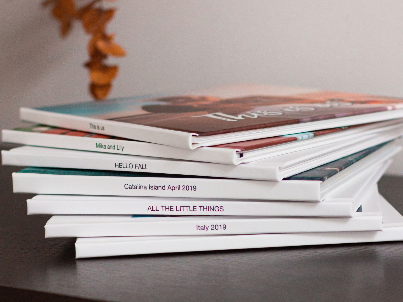 A stack of hardcover photo books on a dark table, each spine printed with its own title