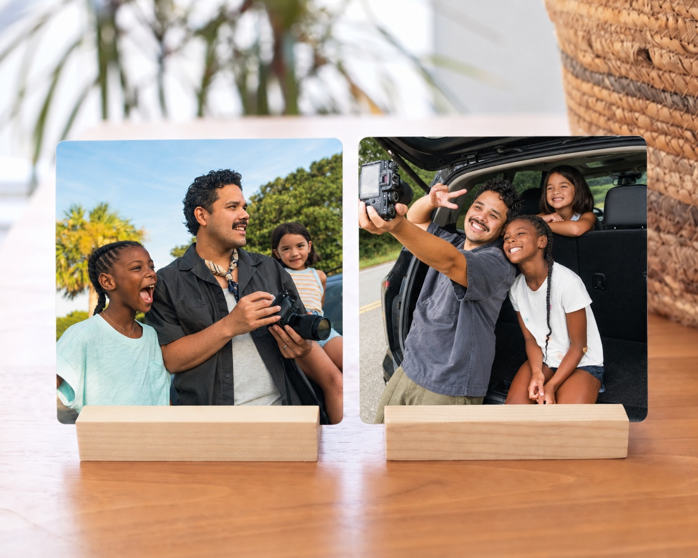 Two family desk prints on wooden stands: a dad taking photos with his kids, and a family selfie at the car