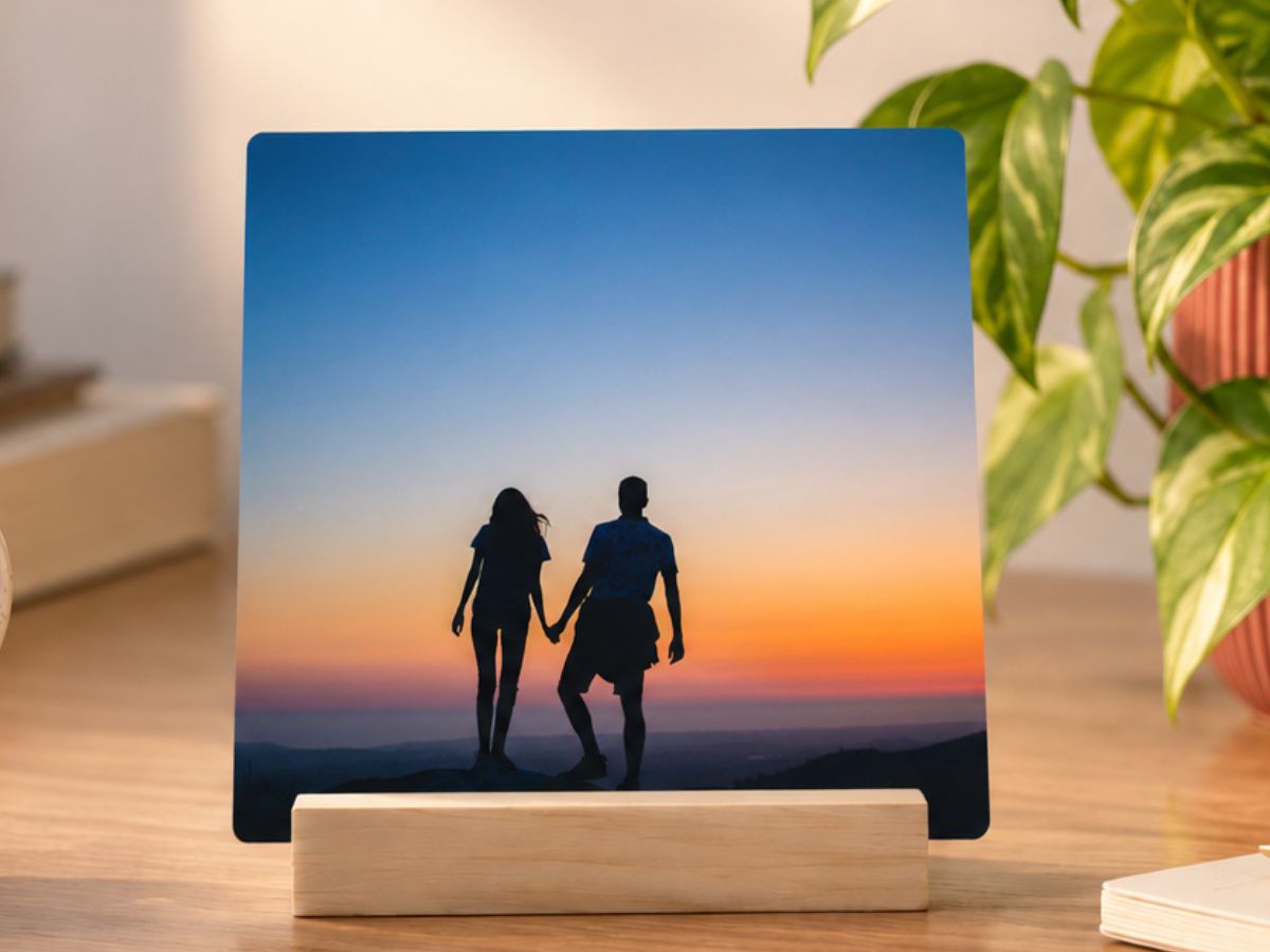 A metal desk print of a couple holding hands at sunset, standing on a wooden stand beside a plant