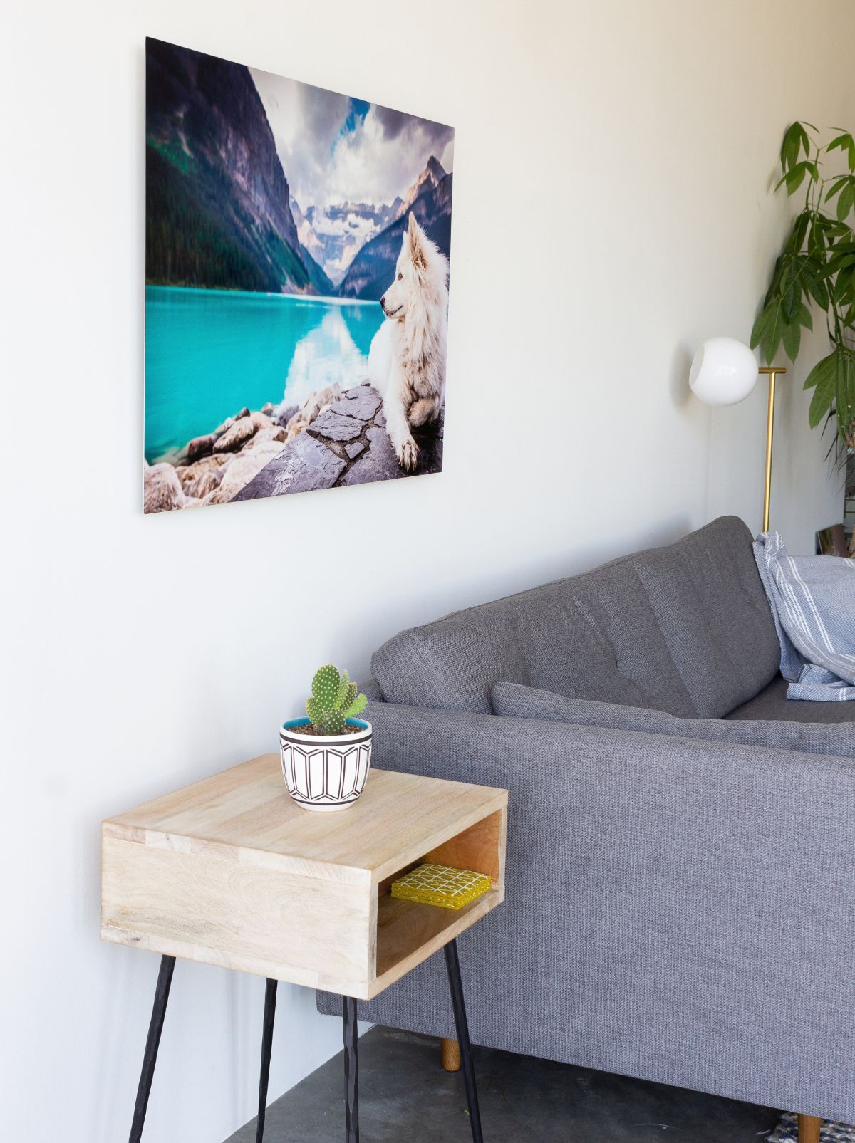 A metal print of a white dog beside a turquoise mountain lake, hanging above a gray couch
