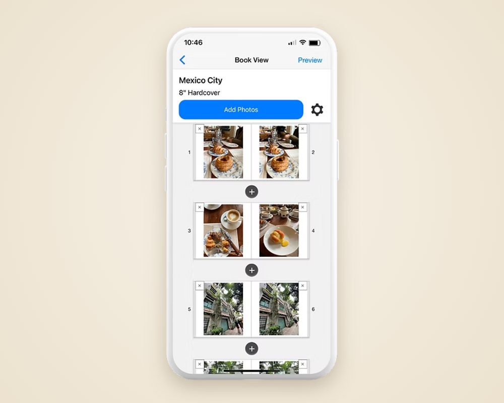 SimplePrints app — Book View screen, adding and arranging photos across the pages