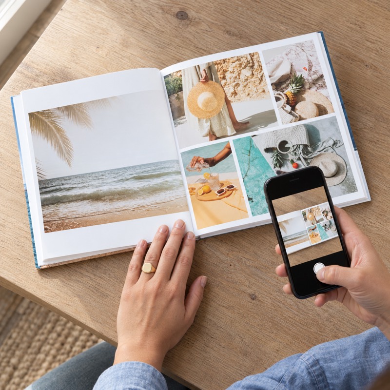 Hands photographing an open beach photo book with a smartphone
