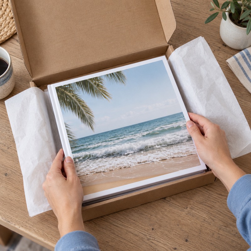 Hands placing a beach photo book into an open cardboard mailer