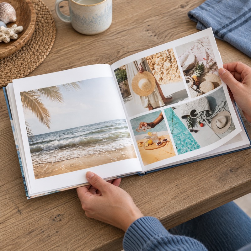 Hands gently lifting a photo book page to look at the paper and binding