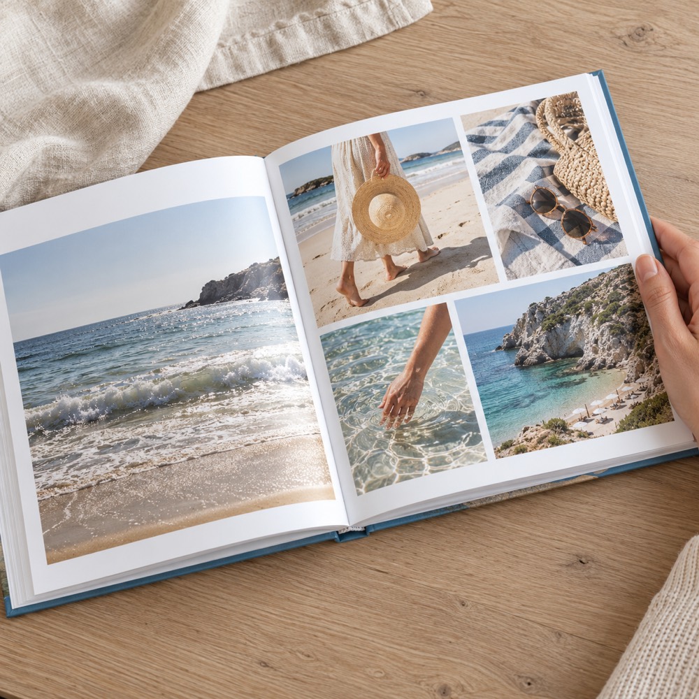 An open beach photo book showing printed photographs, white margins and its blue cover