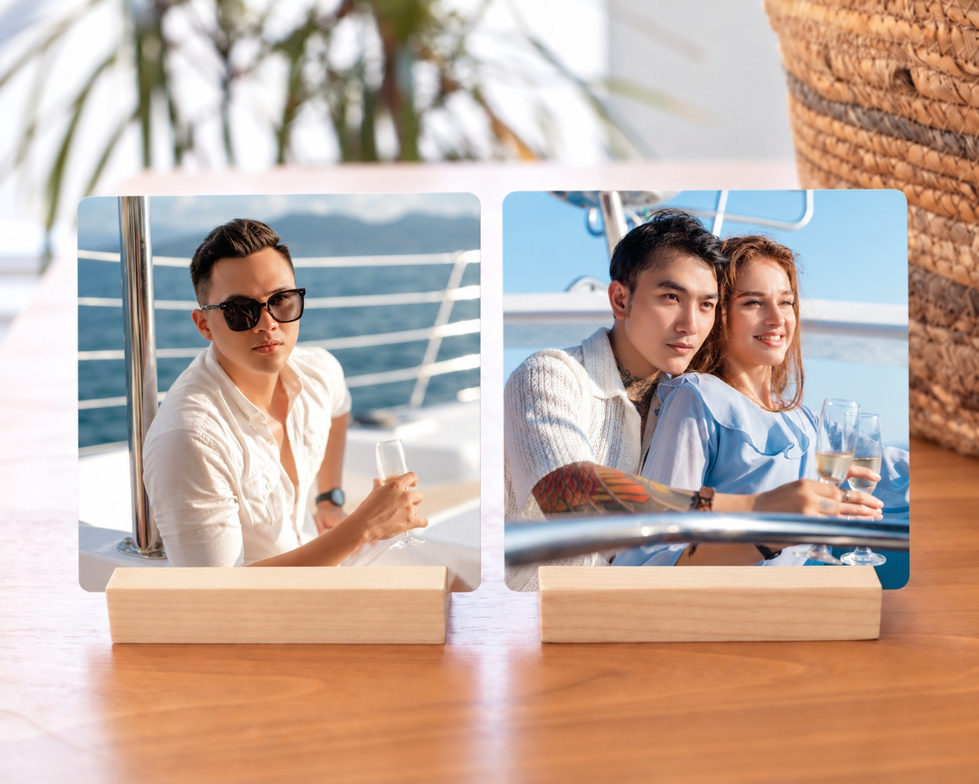 Two travel desk prints on wooden stands: a man and a couple on a sailboat